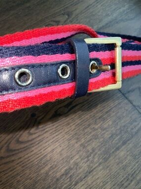Boden Striped Red Pink Navy Canvas Leather Belt with Gold Buckle